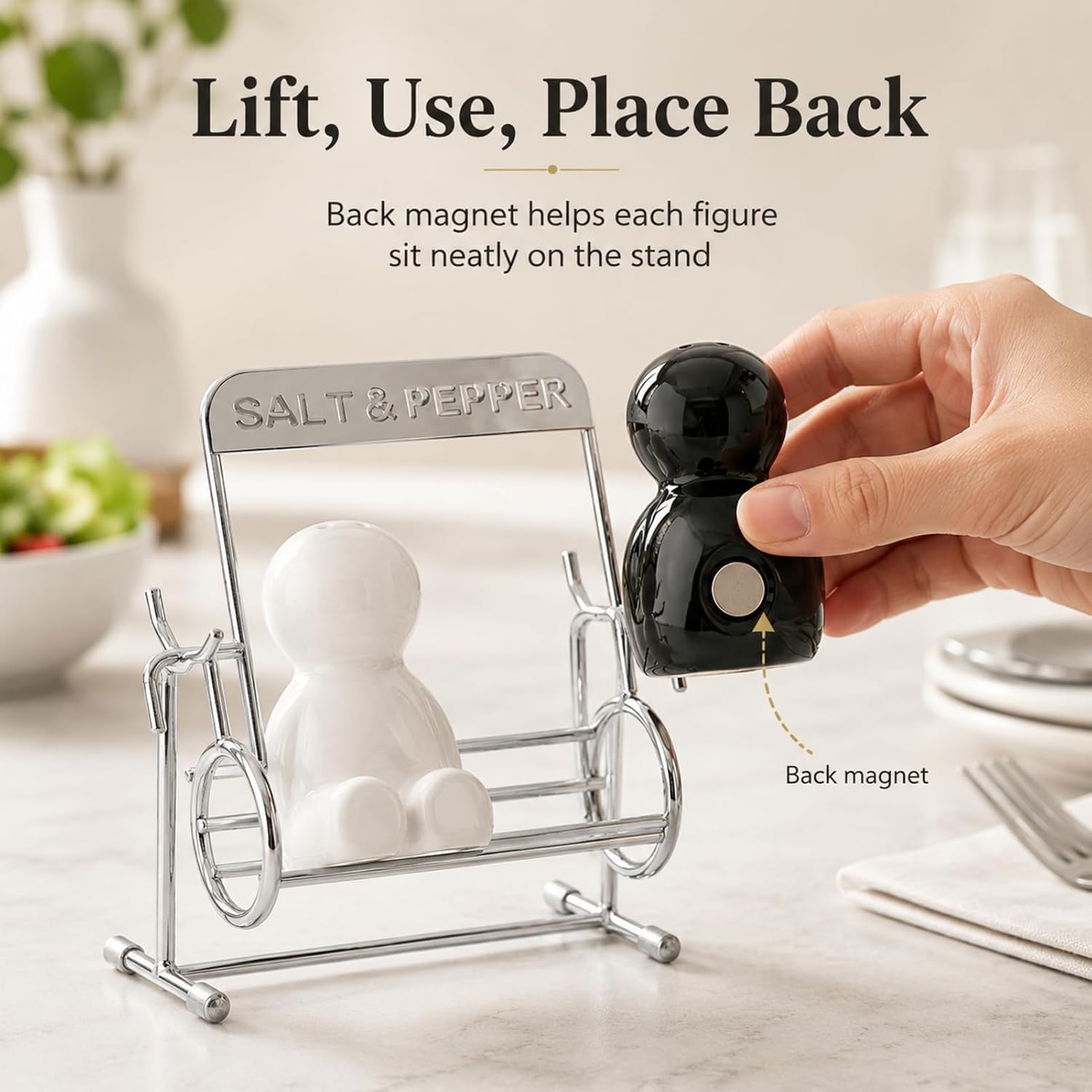 2Pcs Cute Ceramic Salt and Pepper Shakers Set, Black and White Swing Couple Spice Jars with Metal Stand, Decorative Tabletop Seasoning Dispensers for Kitchen Dining Room Housewarming Gift