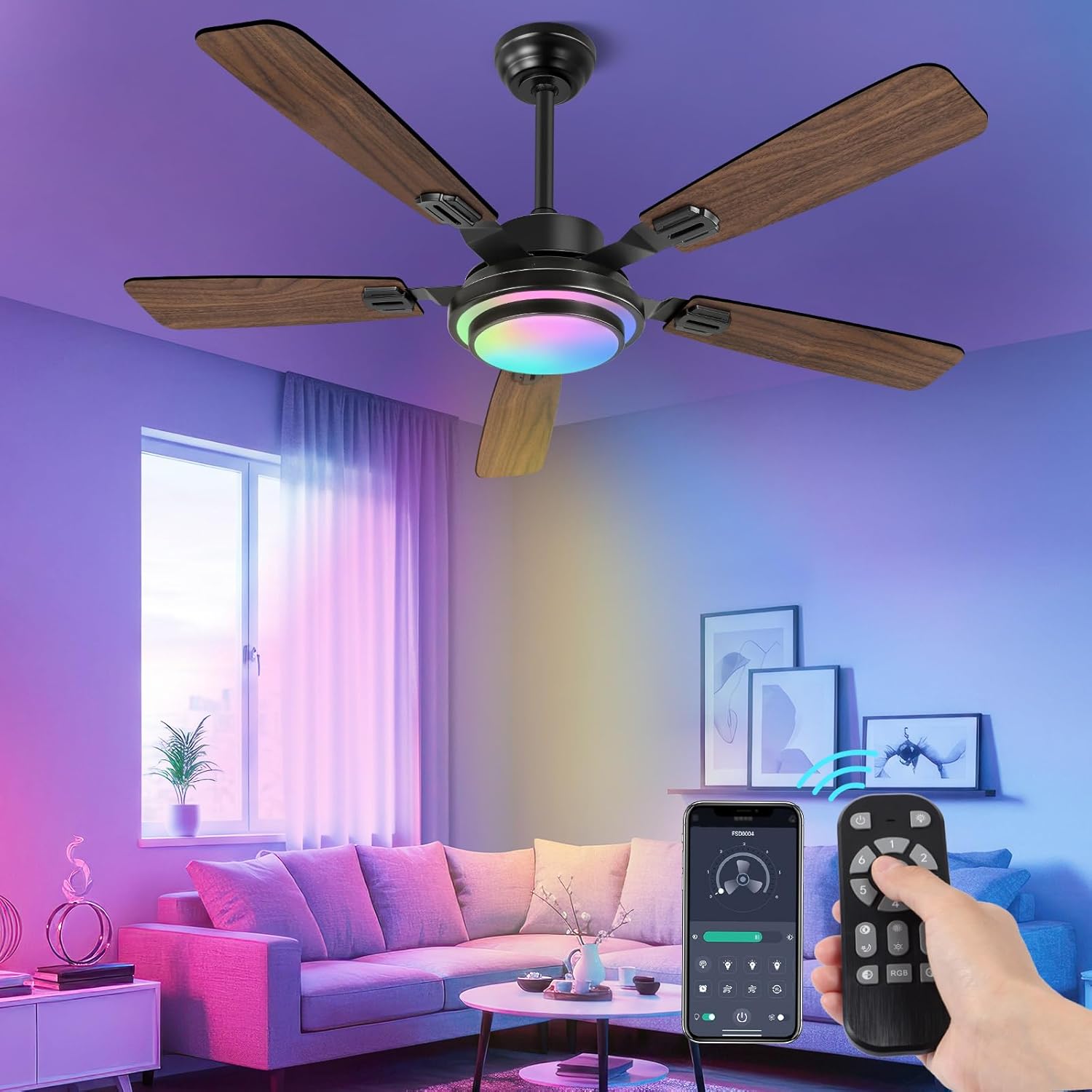 OUTON 52" Ceiling Fan with Light, Remote & APP Control, Low Profile RGB Ceiling Fans Light, Reversible, 6 Speeds, 3000-6500K Stepless Dimming, Modern Ceiling Fan for Bedroom Indoor/Outdoor Use Walnut