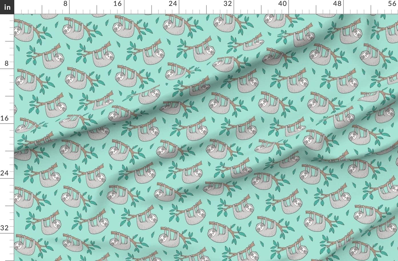 Spoonflower Fabric - Sloth Sloths Tree Branch Leaves Mint Green Animals Forest Jungle Printed on Organic Cotton Sateen Fabric by The Yard - Sewing Quilting Apparel Home Decor