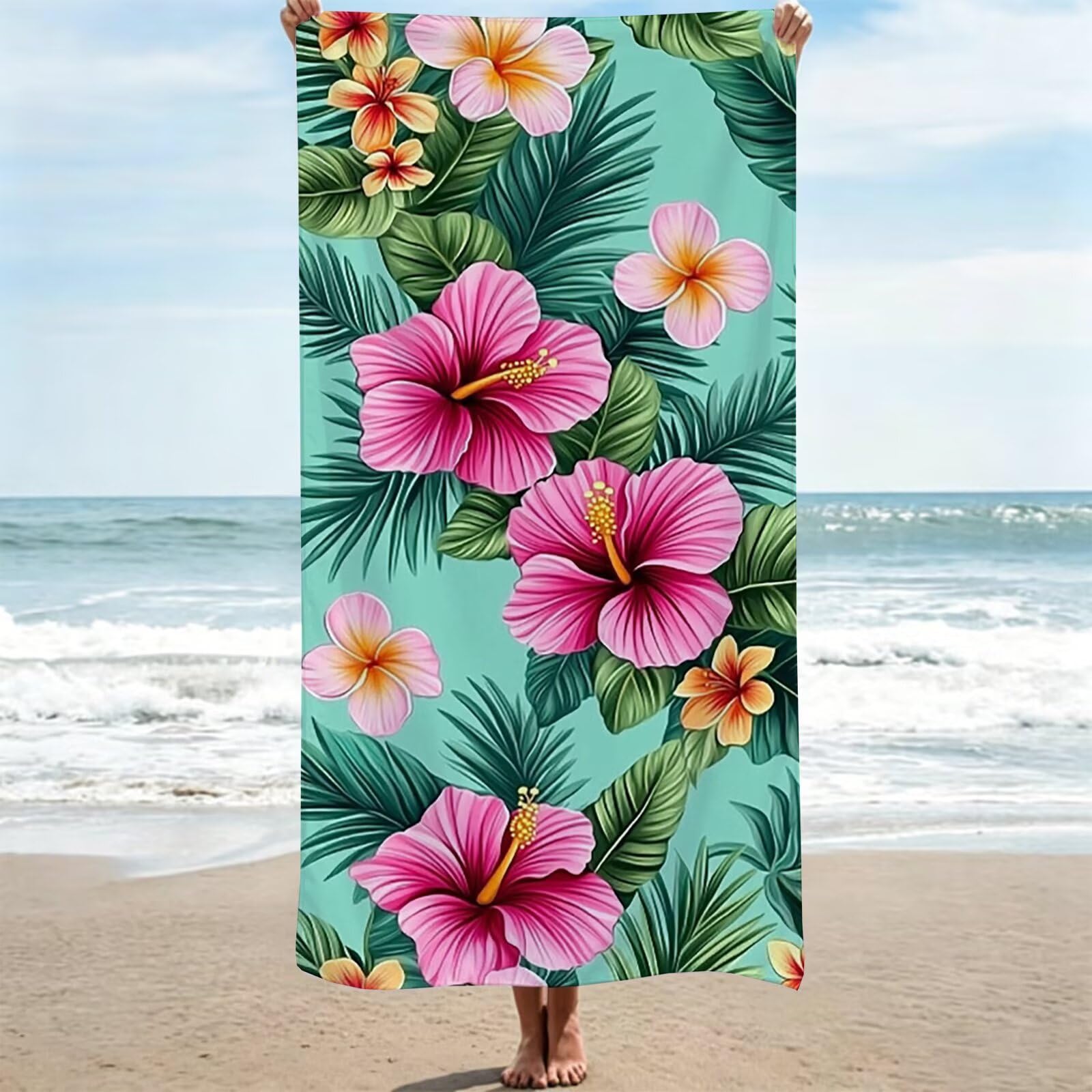 Serviette de Plage XXL microfibre verte fleur 0J-339 pour piscine et voyage 100x220