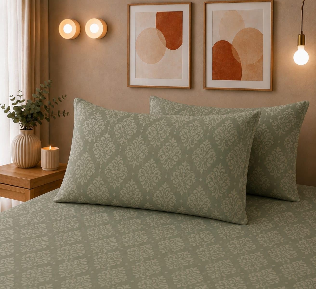 THE HOME STYLE Super Soft Glace Cotton King Size Printed Pillow Covers ll Pillow Cases ll Set of 2 Piece- 18"x 28" Inches (Olive Green Barocca)