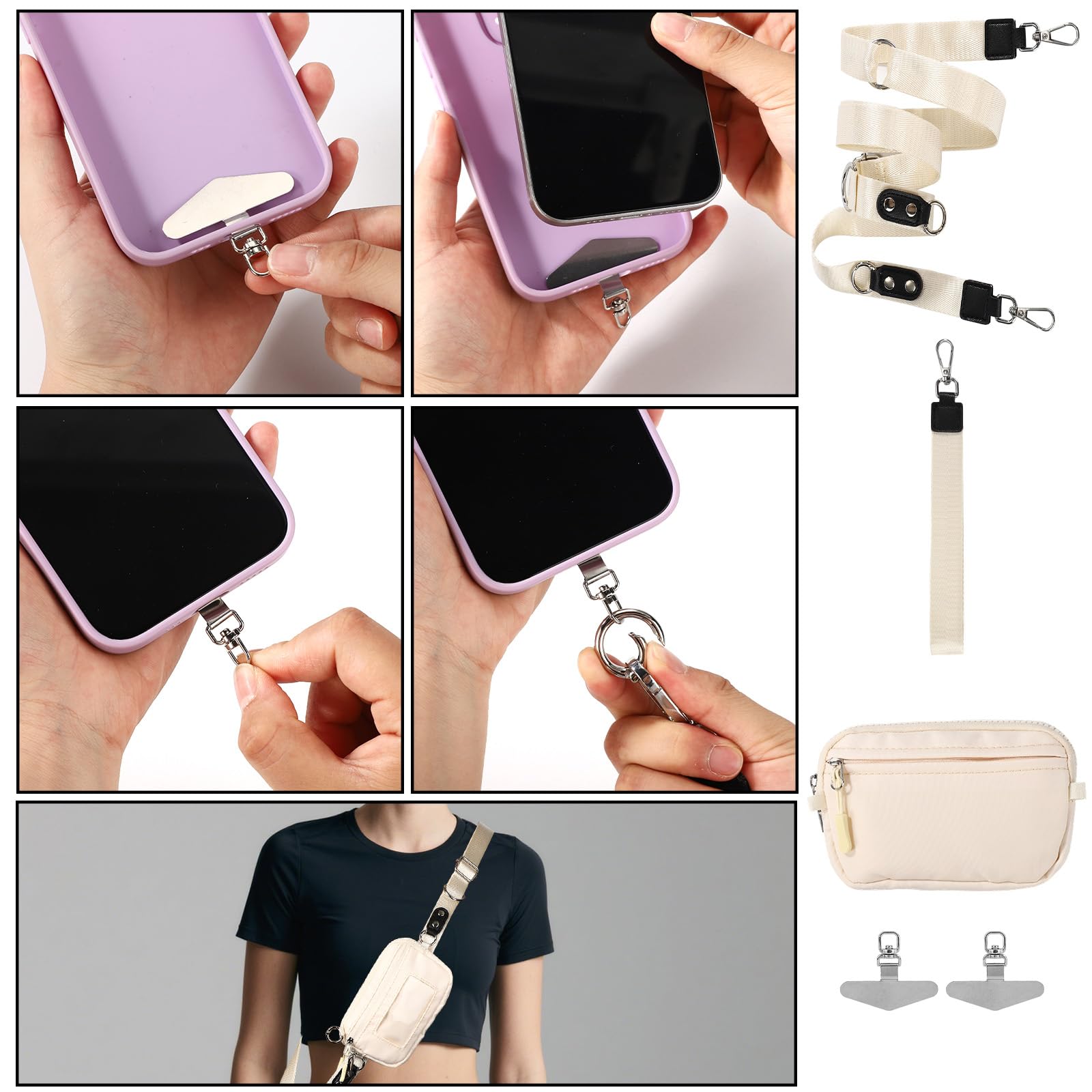 BOXOB Cordino per telefono con clip, cordino regolabile per telefono di 2 lunghezze, pratico portafoglio e custodia per cellulare, cordino con clip, mani libere, per lo shopping