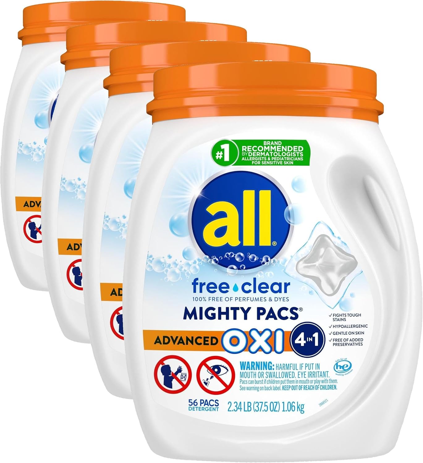 all Laundry Detergent Pacs, Mighty Pacs with OXI Stain Removers and Whiteners, Free Clear, Unscented and Dye Free, 56 Count (Pack of 4)