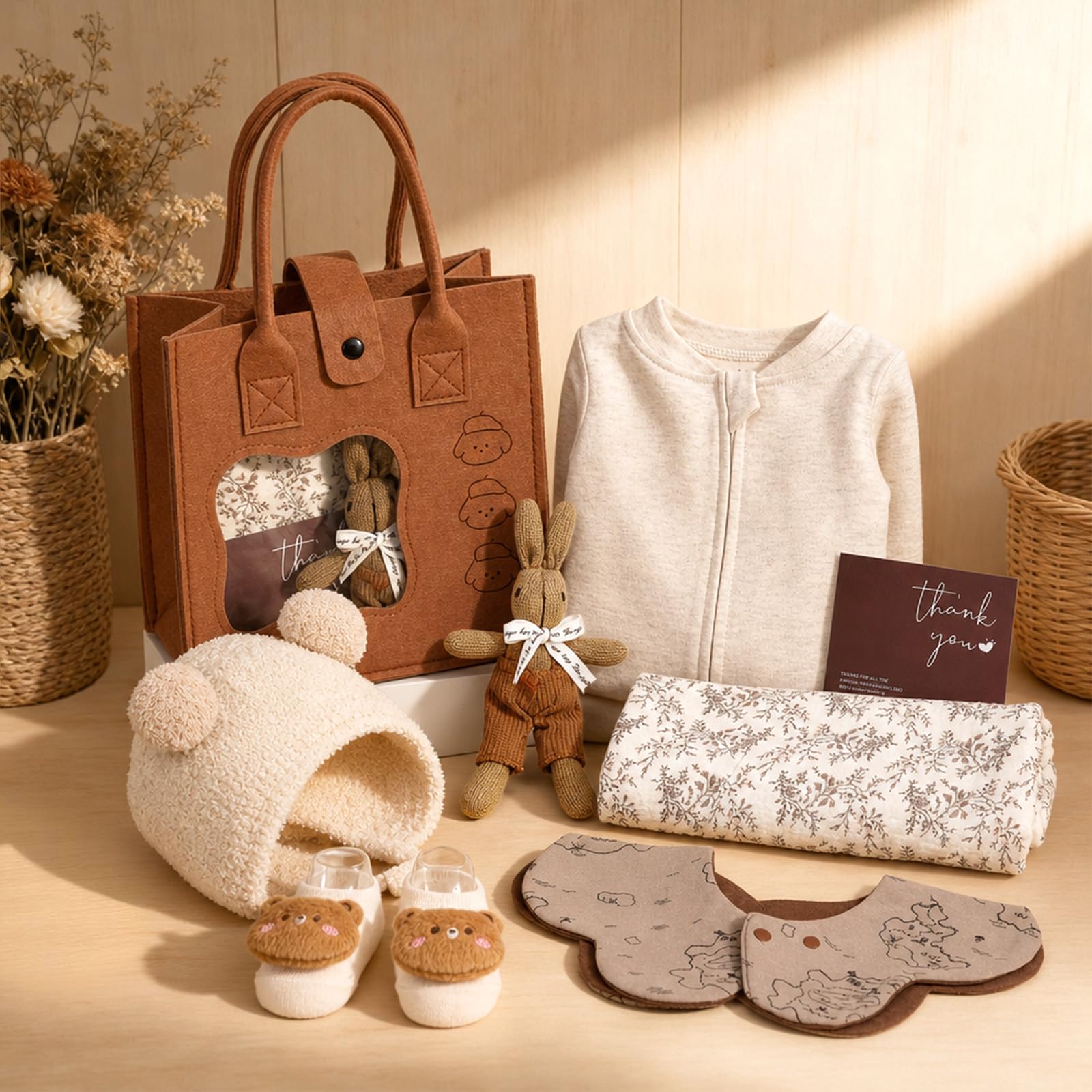 TUZT Coffret Cadeaux de Naissance Garcon Fille Cadeau ave Barboteuse Couverture Doudou Bavoir Chaussettes Bonnet Cartes Sac à Main en Feutrine, Cadeau pour Baby Shower Bebe Nouveau Né Coffret