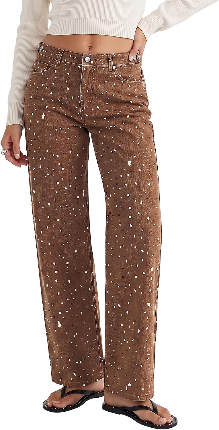 GRAPENT Straight Leg Jeans for Women Deer Print High Waisted Denim Pants