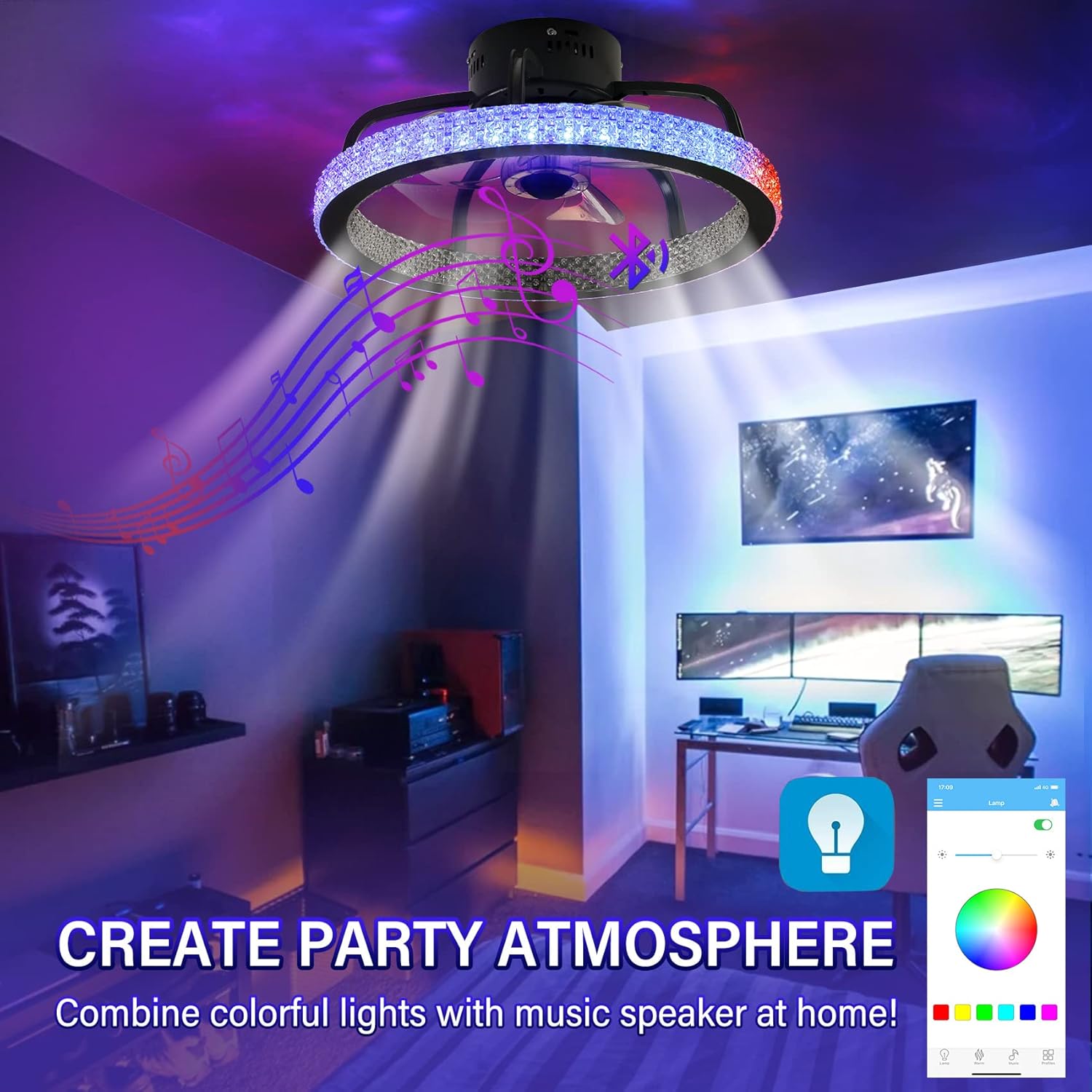 TCFUNDY Ceiling Fan with Light, 18 Inch Bluetooth Speaker Low Profile Ceiling Fan Lights with LED RGB, Dimmable, 6 Wind Speeds Reversible Blades, Remote Control and APP Control, Semi Flush Mount Fan