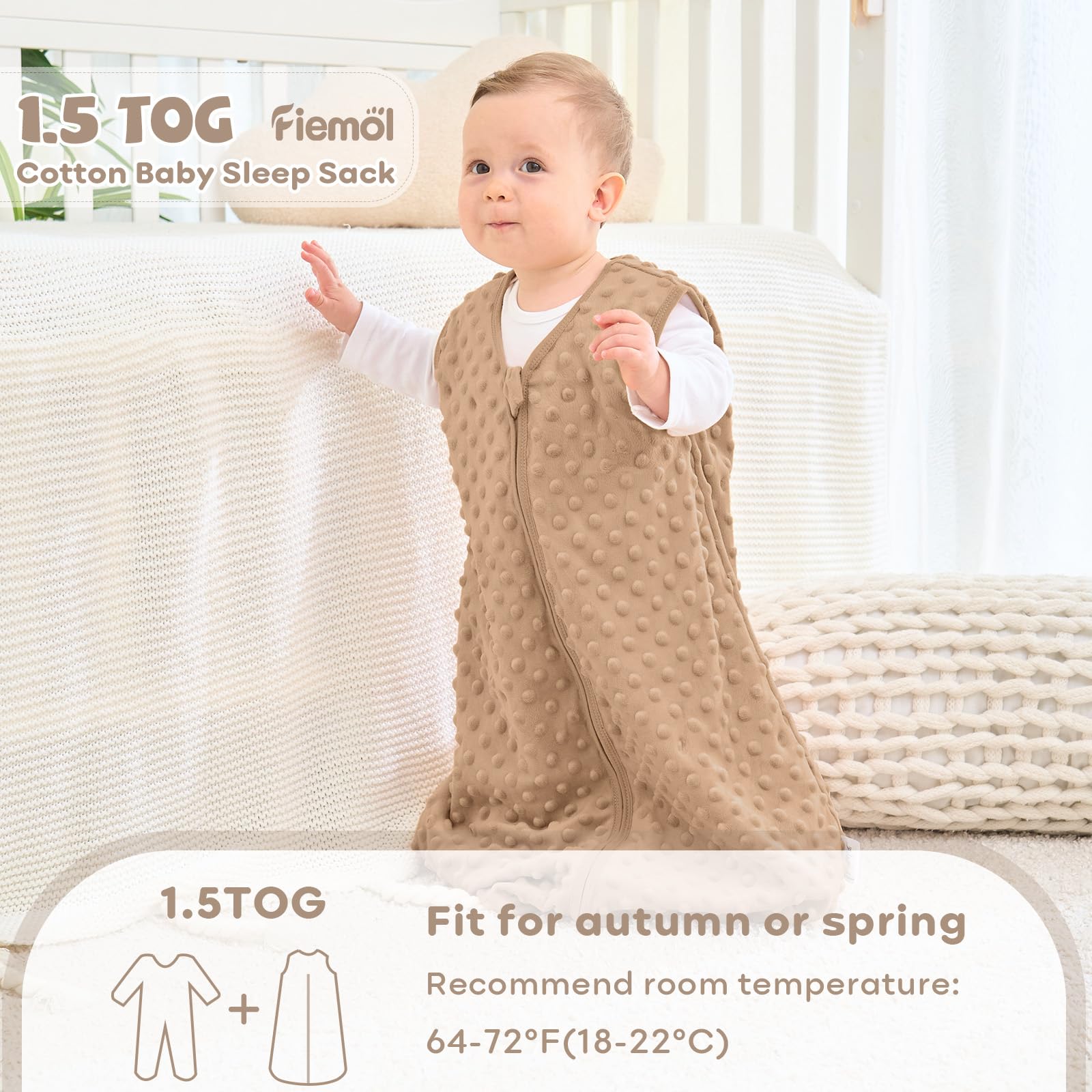 Sacco Nanna Invernale 6-12 Mesi, Neonato Sacchi Nanna 1.5 Tog Autunno con Pois di Peluche, Morbido Sacco Nanna per Bambini in Cotone, Confezione da 2 Pezzi Marrone&Caffè
