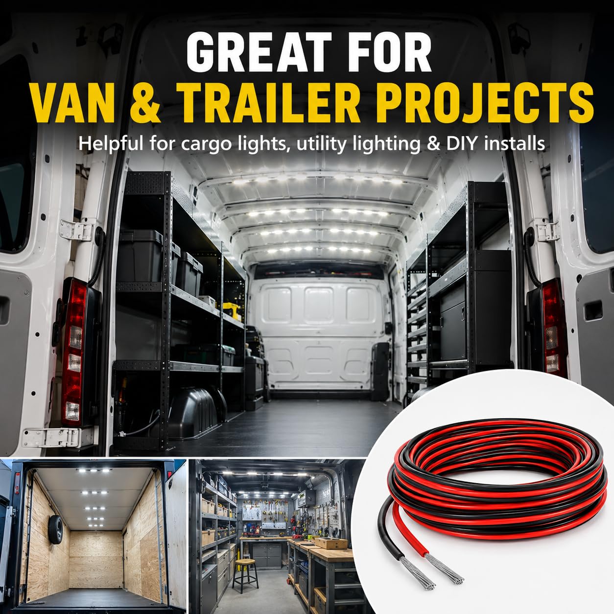 Cable de extensión de luz RV para tira de luces interiores LED, cables de 66 pies y 22 AWG para caravana, caravana, remolque, carga, furgoneta, techo, techo, toldo, porche, luz subterránea