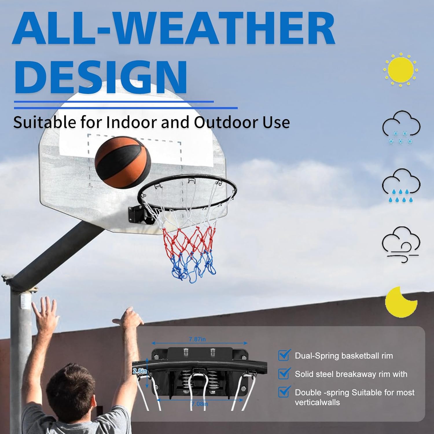 Solid Basketball Rim, Athfiner 18" Basketball Hoop Replacement Wall Mounted Outdoor Indoor Hanging Double Spring with All Weather Net