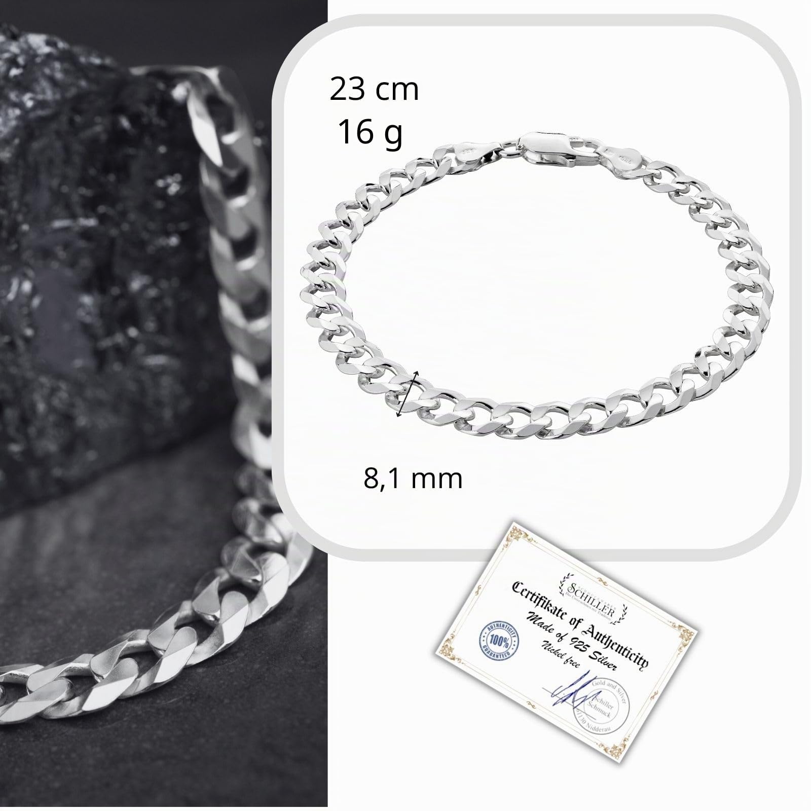 Herren-Armband aus massivem 925 Silber, ideal als Geschenk für Mann oder Freund, mit Schmuckbox