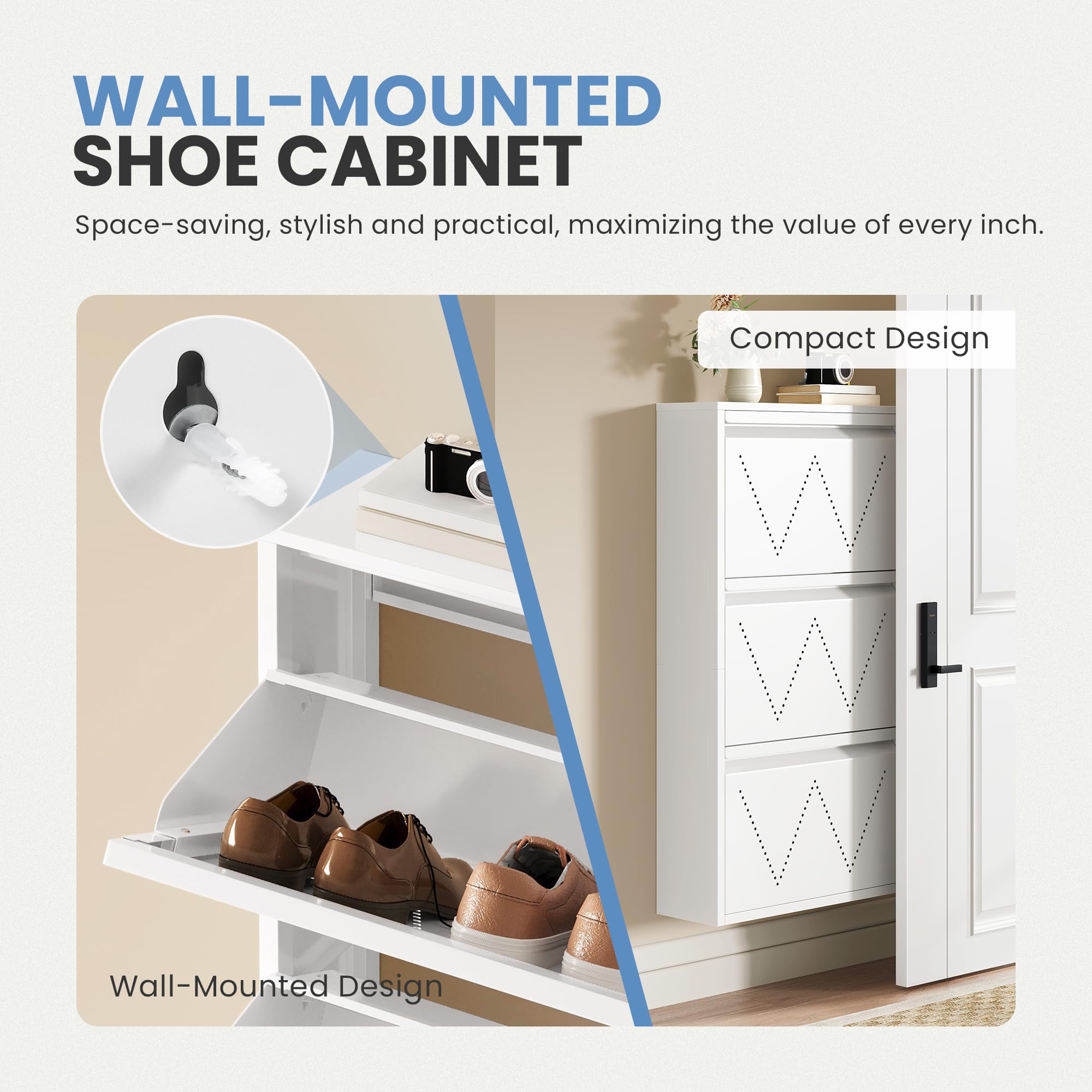 TAUS Zapatero Estrecho, Armario de Almacenamiento de Zapatos de Metal Que Ahorra Espacio con 3 cajones abatibles, Zapatero Delgado montado en la Pared para pasillos y Sala de Estar, Color Blanco (2)