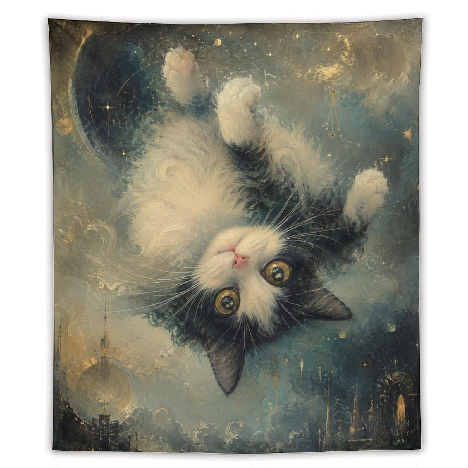H3B8U2Y5 Upside Down Cat Moonlit Wall Tapestry, Expressive Eyes
