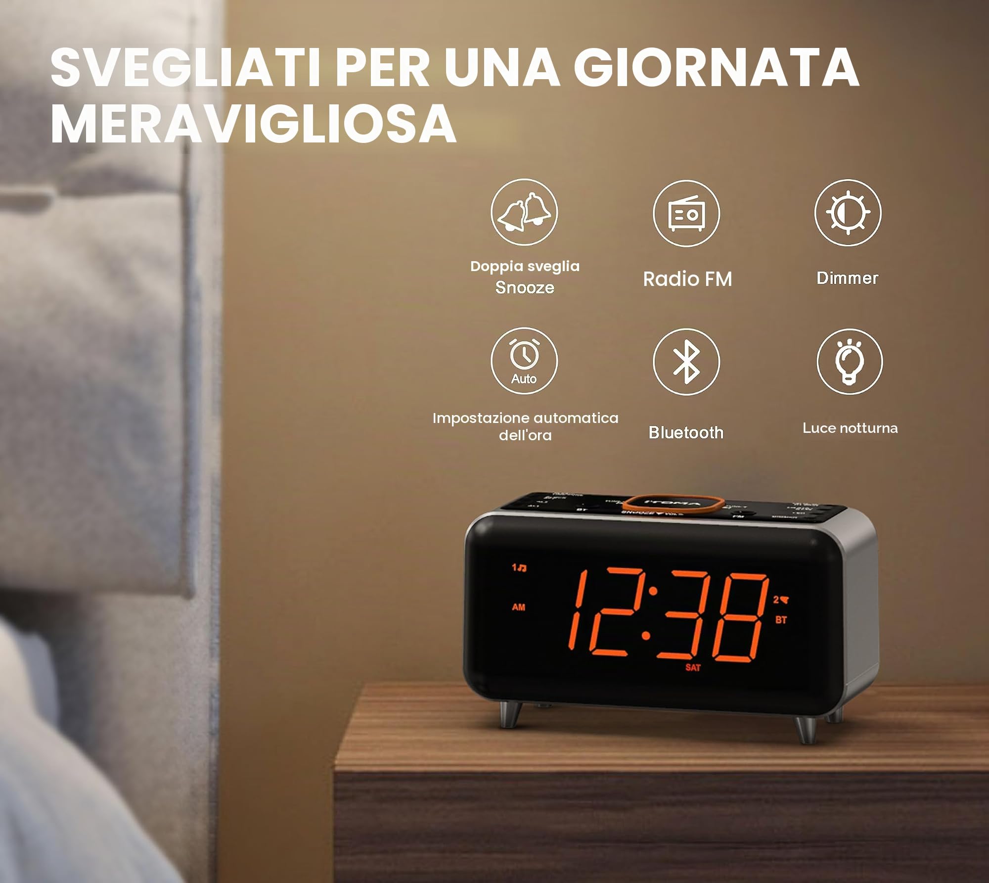 iTOMA Radiosveglia con Controllo Tramite App, Bluetooth, Radio FM, Doppia Sveglia con 4 Modalità di Allarme, Snooze, Dimmer, Luce Notturna, Porta di Ricarica USB CKS208