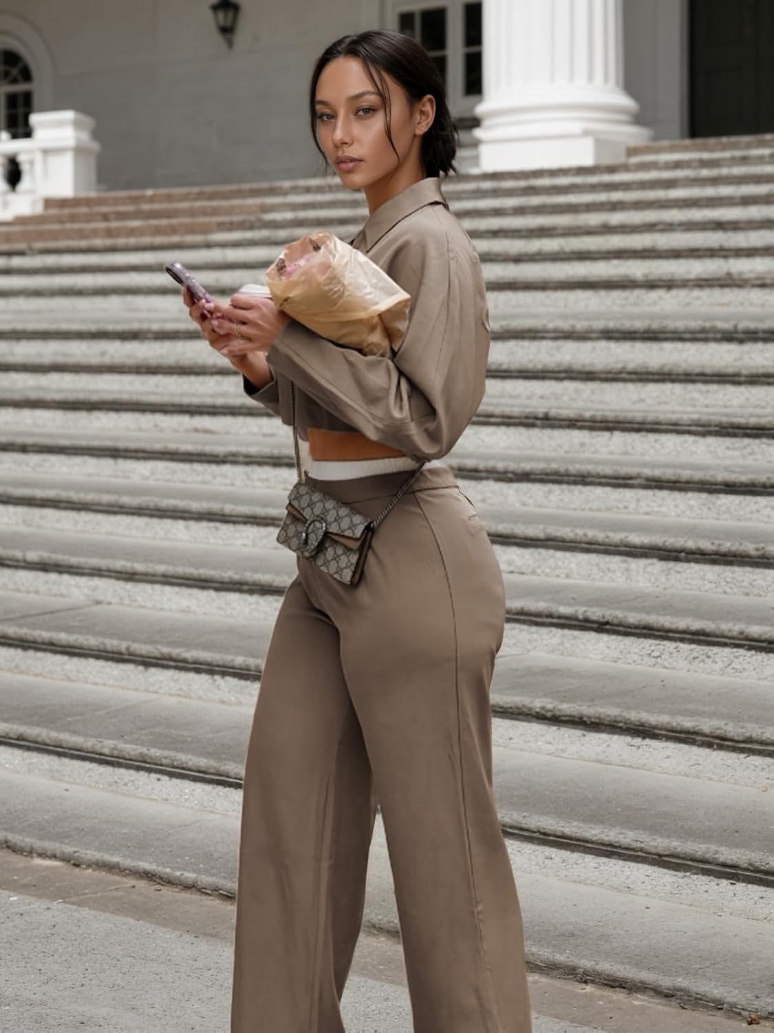 EXLURA Womens 2 Piece Outfits Long Sleeve Zip Up Crop Jackets Long Wide Leg Pant Suits Spring Airport Travel Matching Sets - Image 6