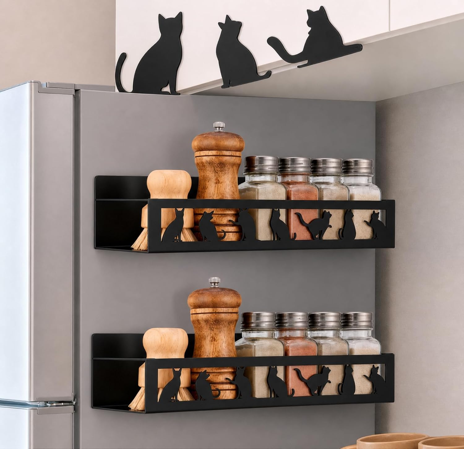 Beeveer 2 Pcs Magnetic Spice Rack for Refrigerator, Black Cat