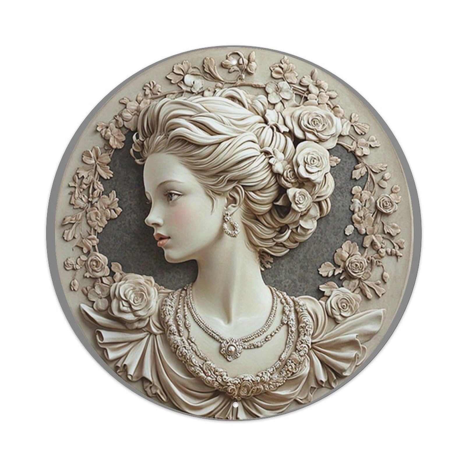 Floral Relief Portrait Design Art Round Metal Tin Sign Vintage Wall Decor, Bar Garage Cafe Kitchen Home Wall Art Poster 8x8inches