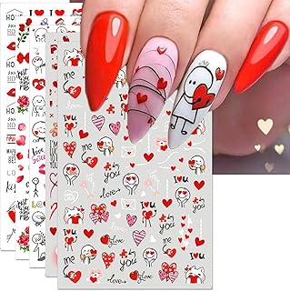 Valentine's Day Nail Art Stickers - Cute Cartoon Bear Nail Decals, Self-Adhesive Sexy Heart Kiss Love for DIY 3D Nail Supplies Decoration (6 Sheets)