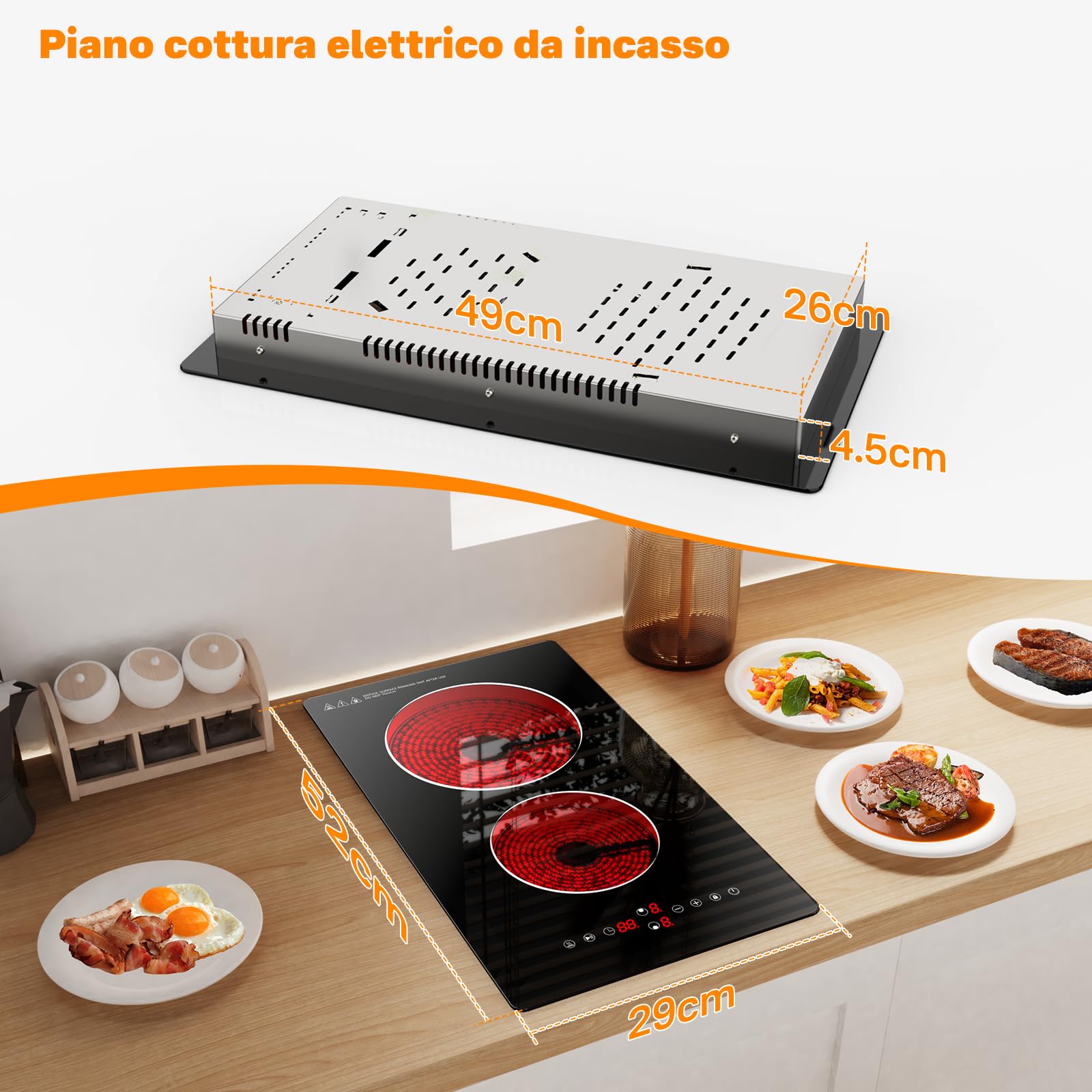 Piano Cottura Elettrico 2 Fuochi 3000W, Incasso o Appoggio | Fornello Elettrico 2 Piastre in Vetroceramica con Controllo Touch, 9 Livelli, Timer, Blocco di Sicurezza