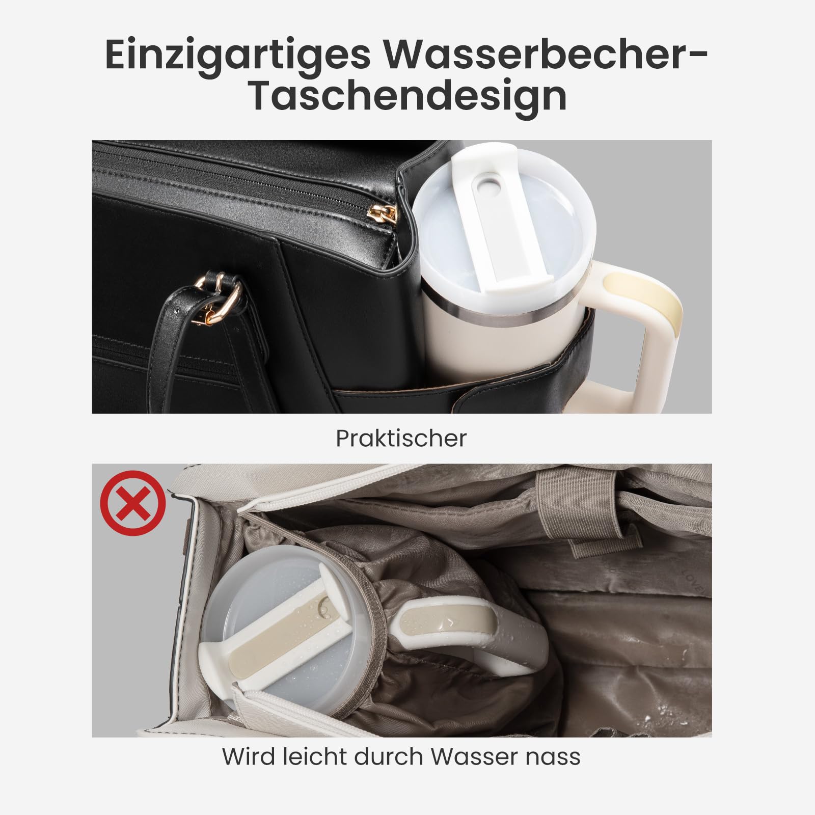 LOVEVOOK Handtasche Damen Groß, PU Leder Arbeitstasche, Laptoptasche, Große Wasserflaschen-Tasche Außen, Lehrertasche, Aktentasche, Stylische Shopper Tasche für Uni, Business, Büro und Reise