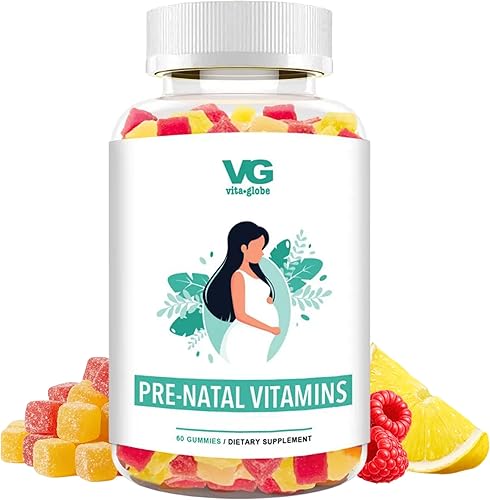 VITA Globe Vitaminas gomosas de aceite de pescado prenatal – 60 unidades | Multivitamínico sin OMG para mujer con DHA, folato, vitamina D3, B12,