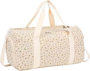 Duffle Bag for Gym Sports Women Girls Workout Travel Bag Weekender with Shoe Compartment and Wet Pocket, A-Corduroy-floral beige, L, Duffle Bag