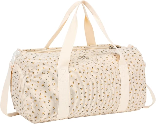 Sac à bandoulière pour gymnastique de filles de sport de voyage de filles sac de voyage week-end avec compartiment de chaussures et poche humide, A-Corduroy-floral beige, L, sac à banboulière
