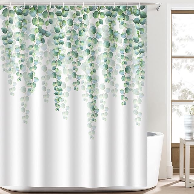 Bonhause Eucalyptus Leaves Shower Curtain 180 x 180 cm Green Leaf Plant Bathroom Curtain Waterproof Mildew & Mould Resistant Polyester Fabric Bath Curtain with 12 Hooks