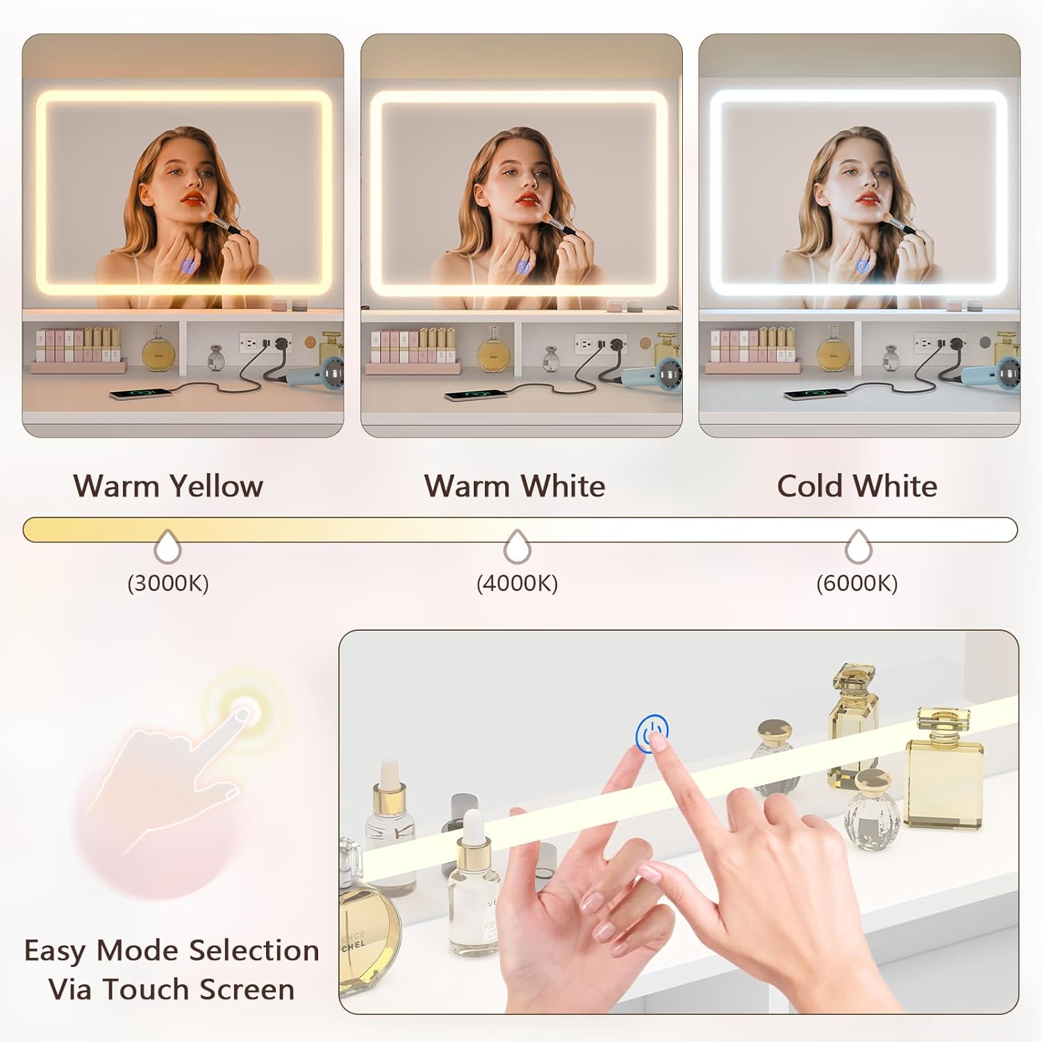 Vanity Desk with Mirror and Lights, White Makeup Vanity Table with 360° Roating Shelves, Large Vanity Desk with 7 Drawers, Power Outlet, Dressing Table Set with Lighted Mirror Adjustable, for Bedroom