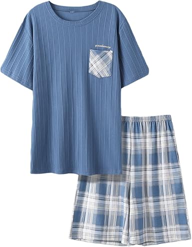Amazon.com: Conjunto de pijama de manga corta para hombre, ligero, de  algodón, tejido a cuadros, ropa de descanso de verano : Ropa, Zapatos y  Joyería
