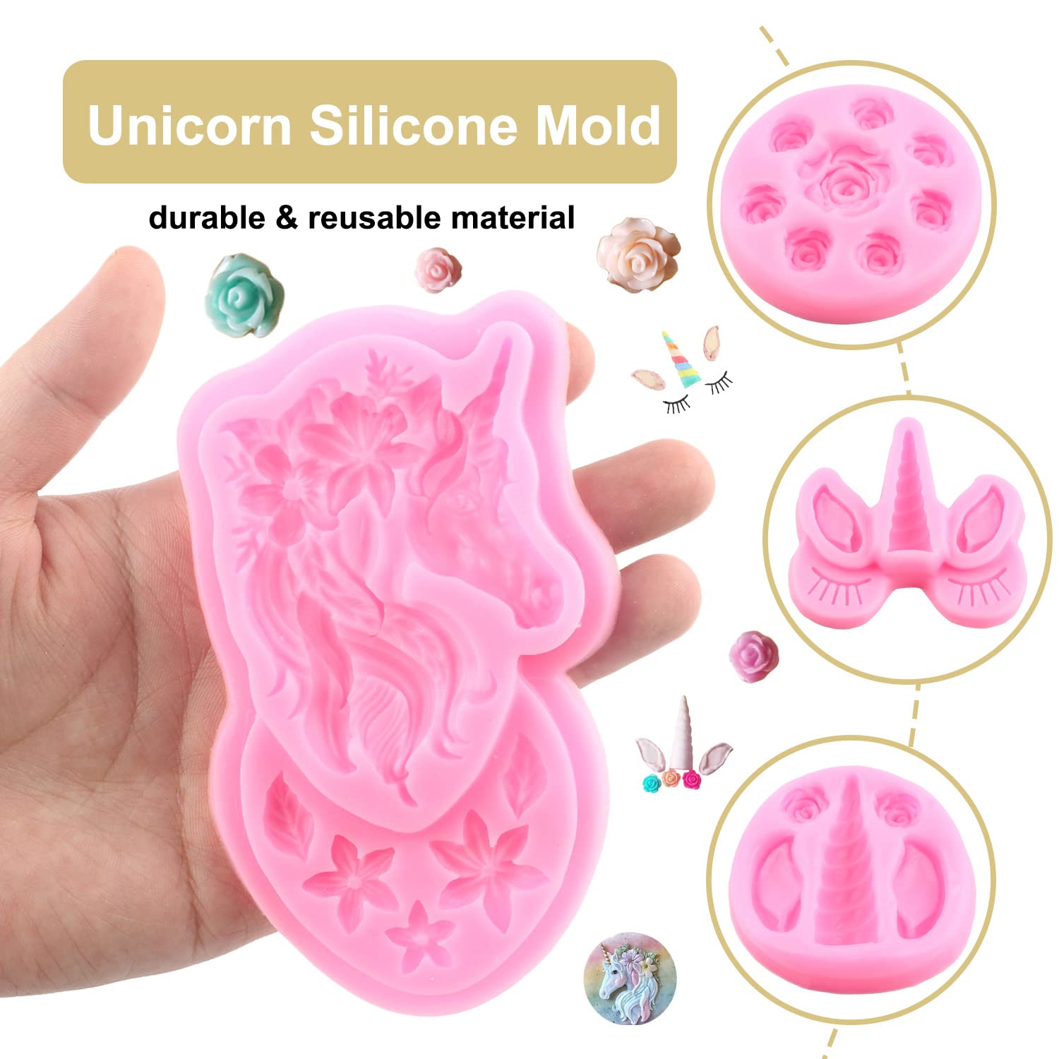 RFGHAC Set Di 4 Stampi In Silicone A Forma Di Unicorno – Corno, Orecchie, Rosa E Fiori Per Torte, Cupcake, Cioccolato E Fondente