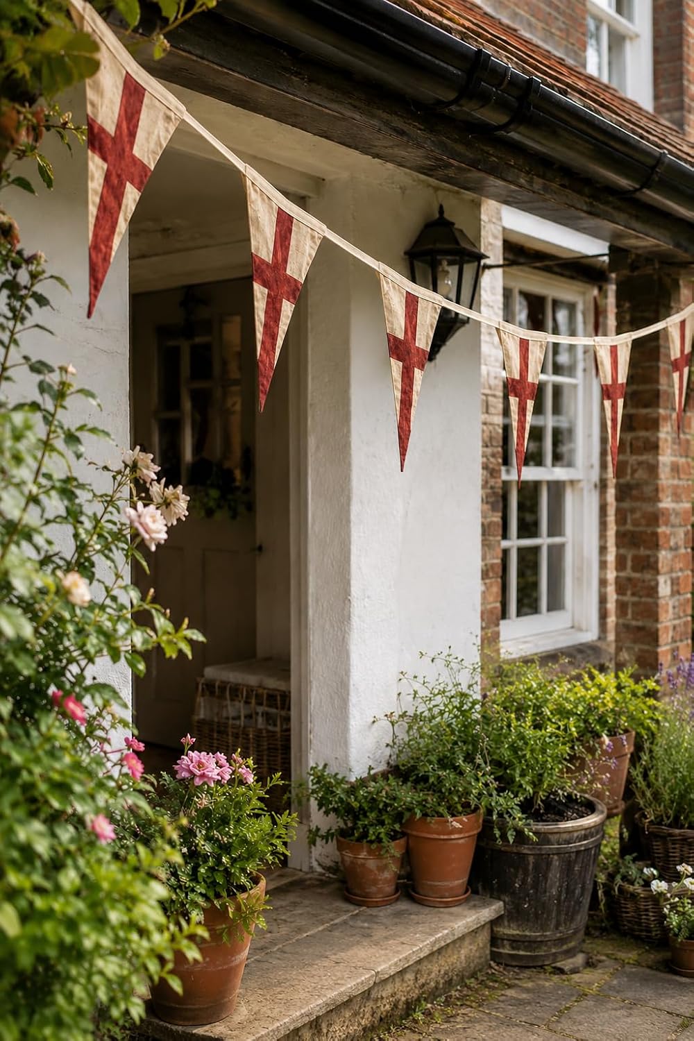 Vintage England Flag Bunting Banner, 5 Meter Cotton Garland with 10 Double-Sided English Flags, St. George’s Cross Party Decoration for St. George’s Day Football