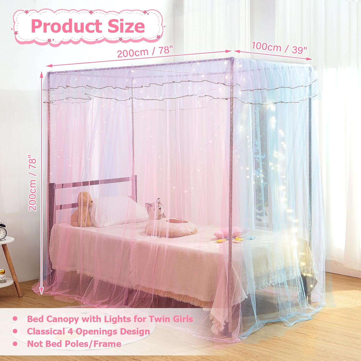 Twin Size Bed Canopy with Lights, Bed Canopy for Girls Princess with Luminous Stars, Canopy Bed Curtains for Twin Bed Kids Indoor Decor Bedroom, 4 Corner Post Bed Bunk Canopy, Blue&Pink (Not Frame)