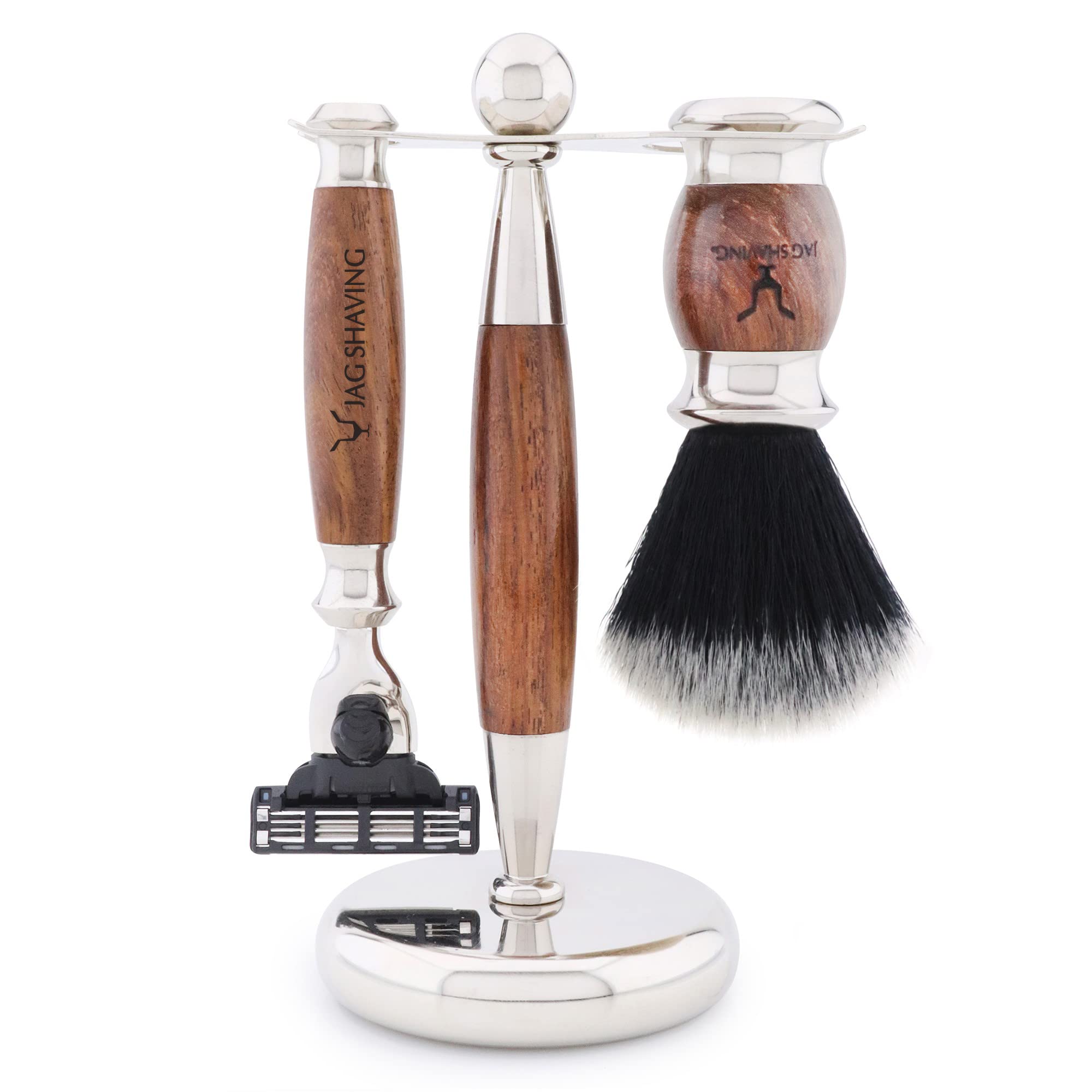 Jag Shaving Zestaw do golenia - 4 szt. zestaw pędzli do golenia - syntetyczny czarny z białą końcówką szczotka do golenia - 3-krawędziowa maszynka do golenia - stojak do golenia - miska do golenia - zestaw do golenia dla mężczyzn