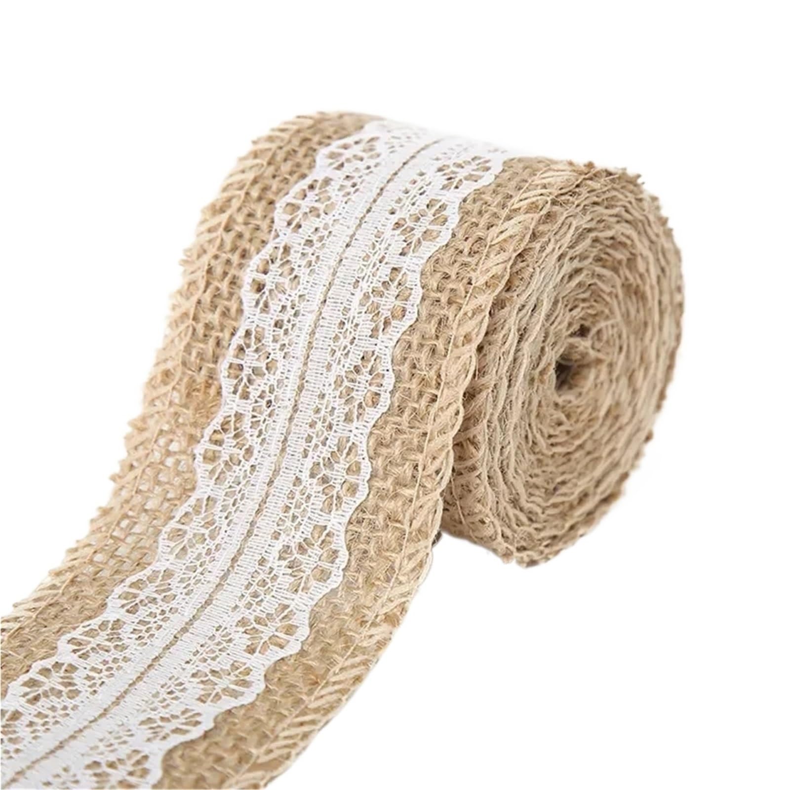 2M 5CM Natural Jute Burlap Rolls Hessian Ribbon with Lace Vintage Rustic Wedding Decor Ornament Party DIY Craft Supplies for Crafting Decorating Wrapping(Type1)