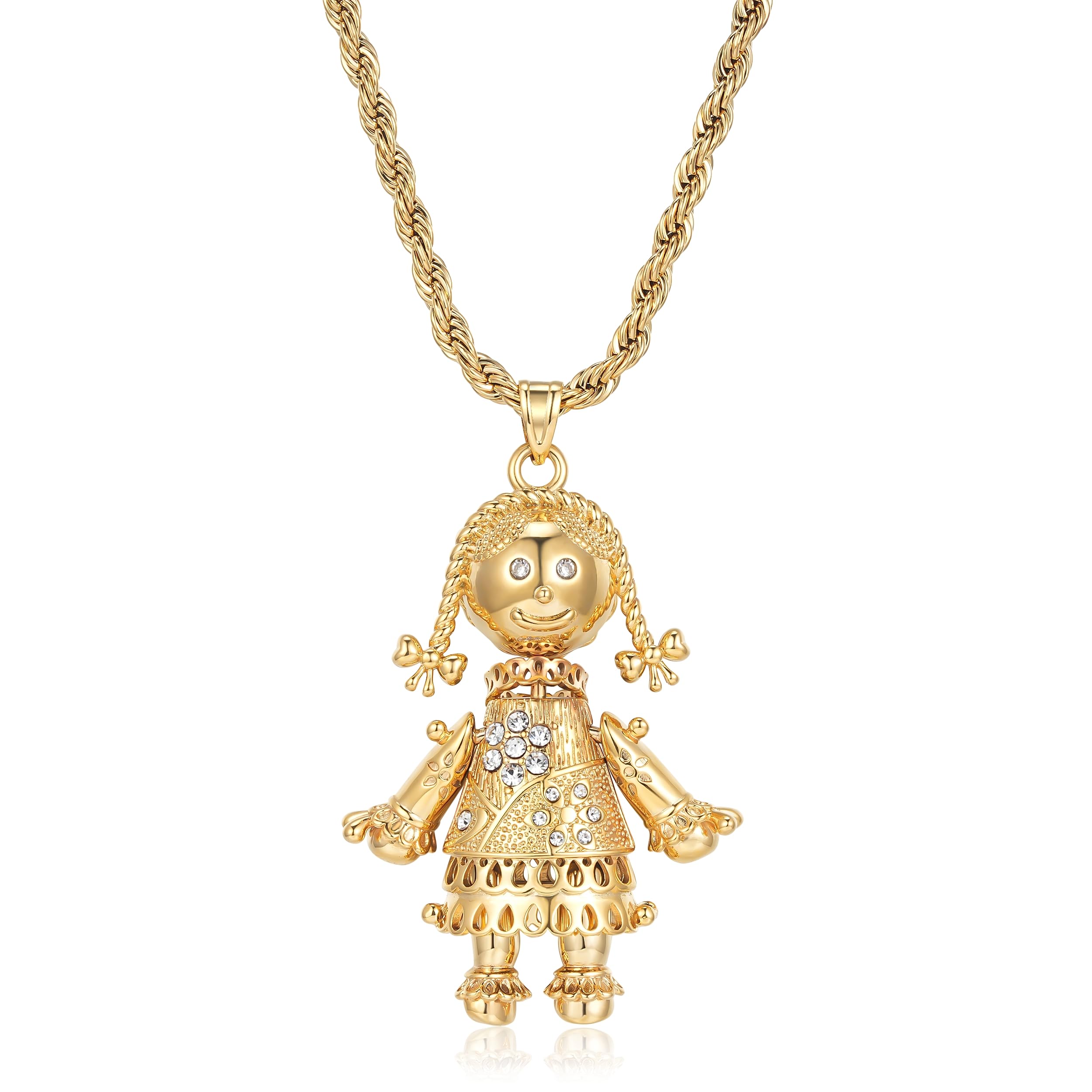 Sponsored Ad – 5mm Gold & Silver 3D Rag Doll Pendant Necklace with Stones, 22-24 Inch, PVD Gold & Silver Plated – Bling King London