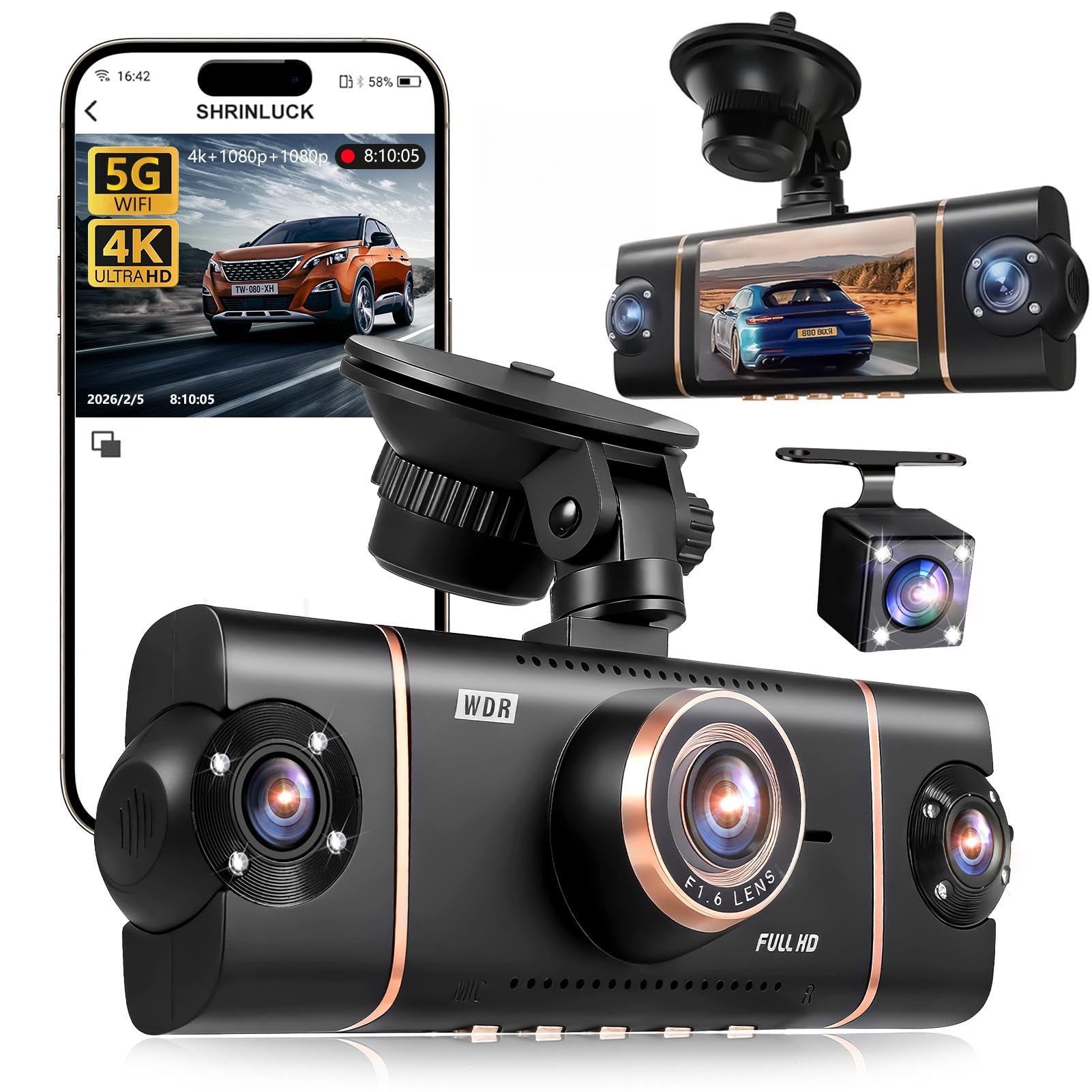 4 Kanal Dashcam Auto Vorne Hinten 4K/1080P,360° Dasch-Cam Auto mit 64GB SD-Karte,4X 140° Weitwinkel,WDR Nachtsicht (8 IR-LEDs),G-Sensor,Dashcam mit parküberwachung,Loop-Aufnahme,WiFi App
