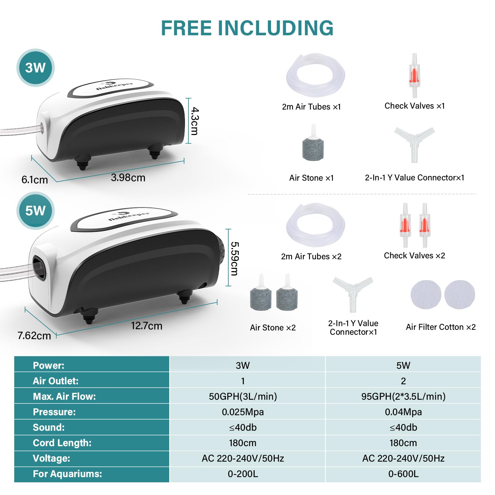 fishkeeper Aquarium Luftpumpe, Einstellbare Sauerstoffpumpe für Aquarien, Luftsprudler Membranpumpe mit Luftstein bis zu 600L, Leistungsstarker Komplettes Aquarium Zubehör Set, 3W/5W