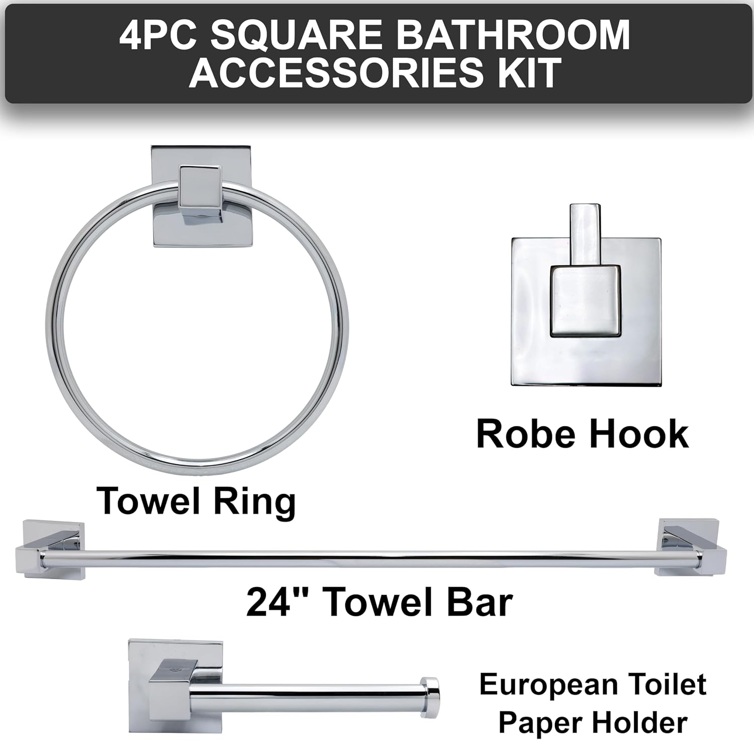 Westbrass A102-26 4-Piece Concealed Scew Mount Bathroom Hardware Set – 24 Inch Towel Bar, Toilet Paper Holder, Towel Ring & Robe Hook, Polished Chrome