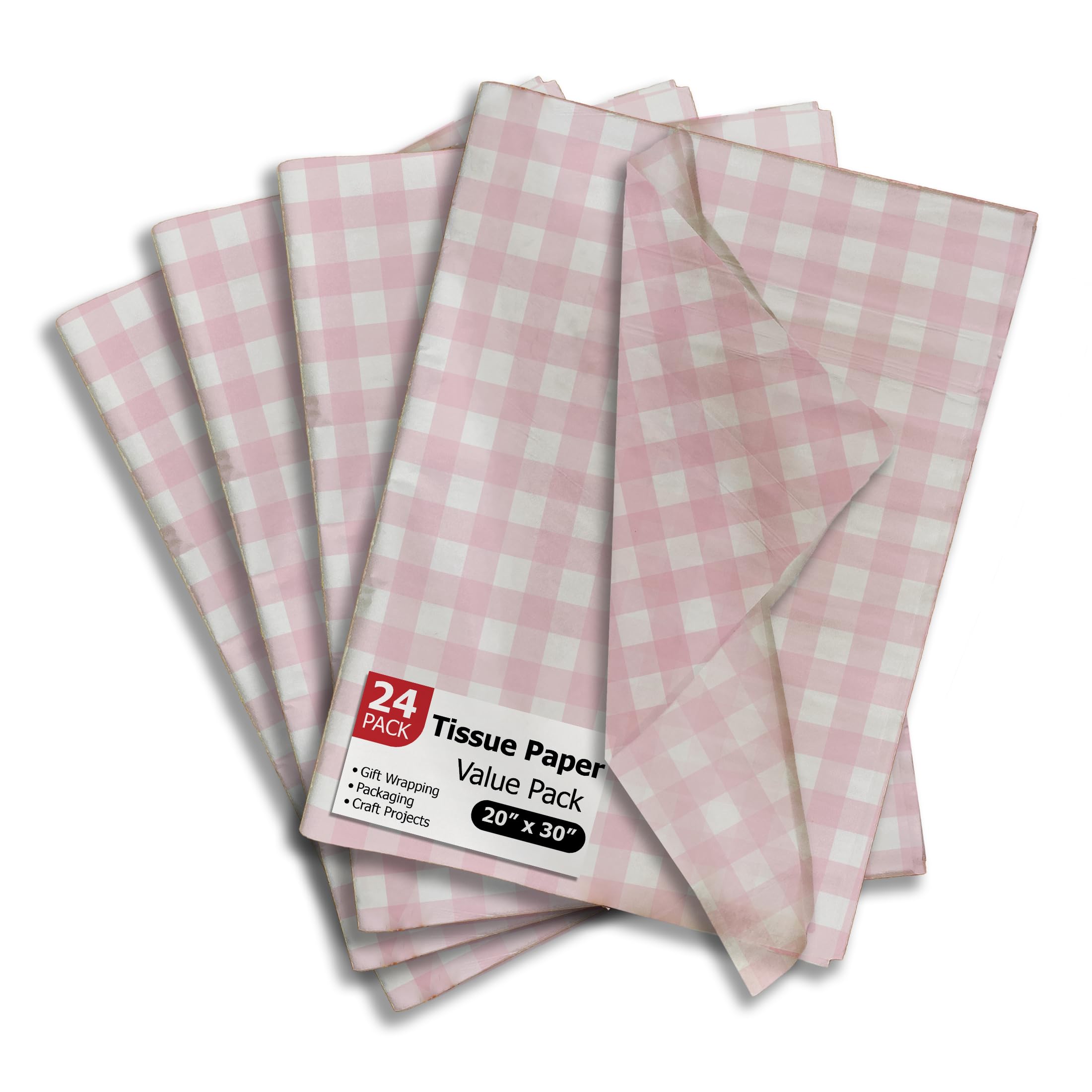 Pro Supply Global Pink Gingham Printed Tissue Paper for Gift Bags or Boxes and Wrapping - Checkered Bulk Decorative Art Tissue Paper for Packaging and Gifting | 24 Sheets 20" x 30" — image 1