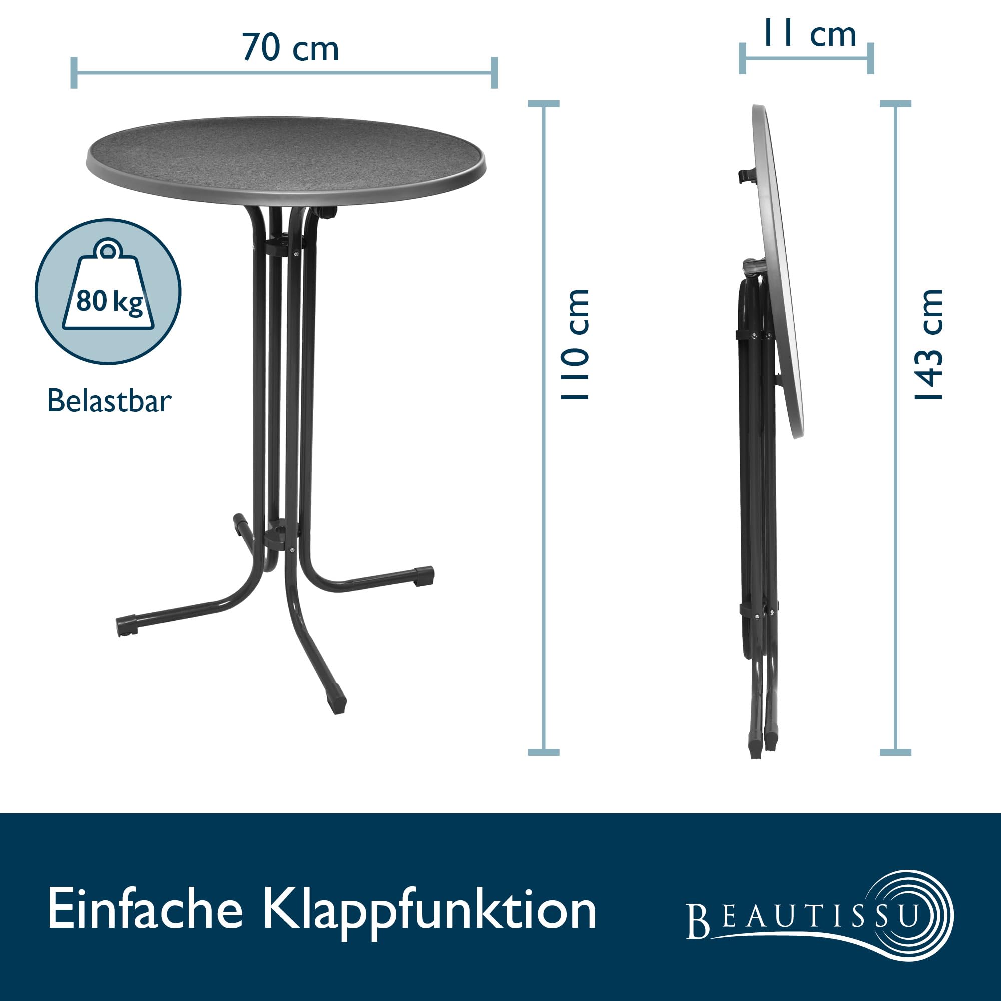 Beautissu Stehtisch mit Hussen – Klappbarer Stehtisch 70 cm Grau inkl. Stretchhusse Blau – rutschfest, Waschbar & Bügelfrei – Outdoor Bistrotisch Kratzfest & Wetterfest Bellini & Stella
