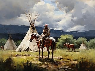 Ourtimfun DIY 5D Diamond Painting by Number Kits for Adults American Native Indians with Horse Tent Round Full Drill Art Gem Cross Stitch Picture Home Wall Decoration 16x20inch