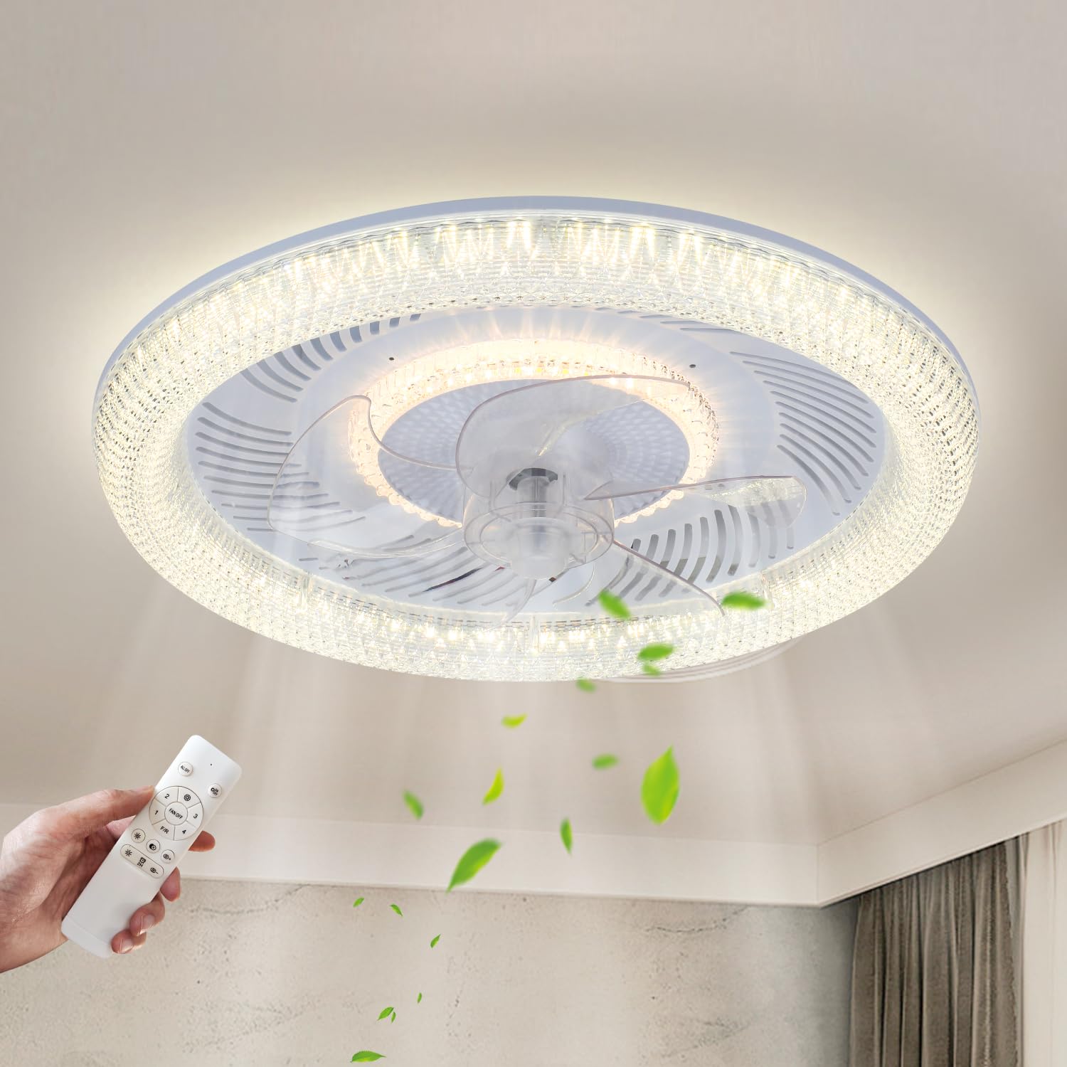 JDONG Deckenventilator mit Beleuchtung und Fernbedienung 54W LED Kristall Deckenleuchte Leise Ventilator mit Timer für Wohnzimmer Esszimmer Schlafzimmer Lampenschirm mit Kristalleffekt
