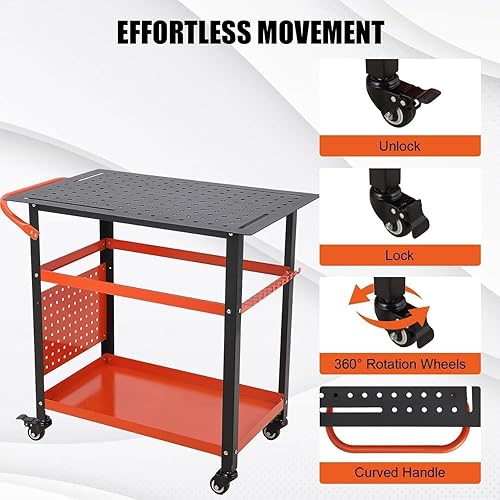 Miniatura 2 de Banco de trabajo resistente de 36 pulgadas y 3 niveles, banco de trabajo rodante de 1200 libras, parte superior de madera de goma con agujeros de