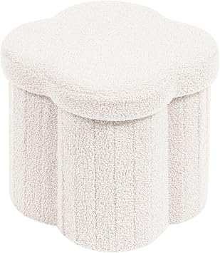 PINPLUS Storage Ottoman Cube Flower-Shaped Boucle Footrest with Hidden Storage, Multi-Functional Cube Seat for Living Room, Dorm - White 12.6"x12.6"x12.6"