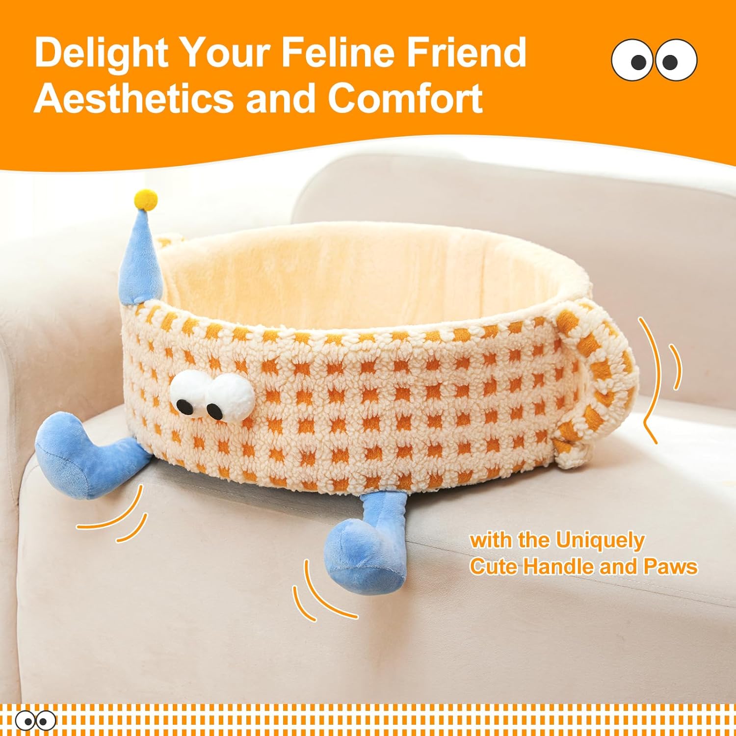 review Jiupety Cat Bed Cute, Cozy Dount Cat Bed for Indoor Cats with Big Eyes, Removable Cushion&Washable Cover, Round Pet Bed, Anti-Slip Bottom, for Kitten and Puppy, Waffle Yellow,25lbs,L