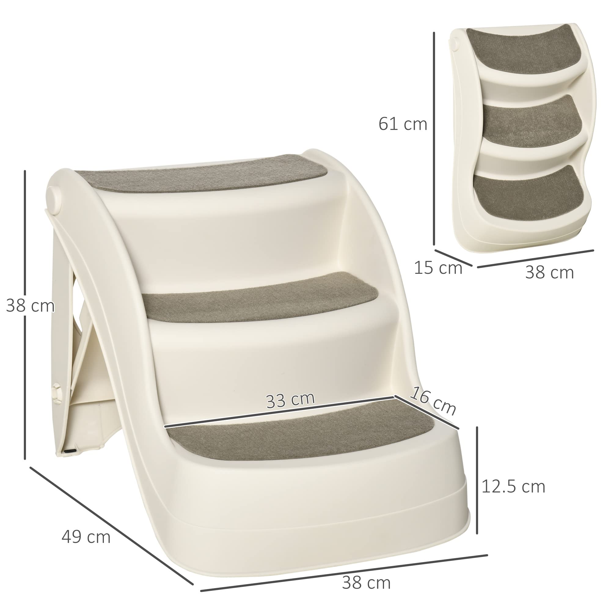 PawHut Scaletta per Cani Pieghevole con 3 Gradini Antiscivolo, Scala per Animali Domestici, Cuccioli, Gatti, in PP, 49x38x38 cm, Beige