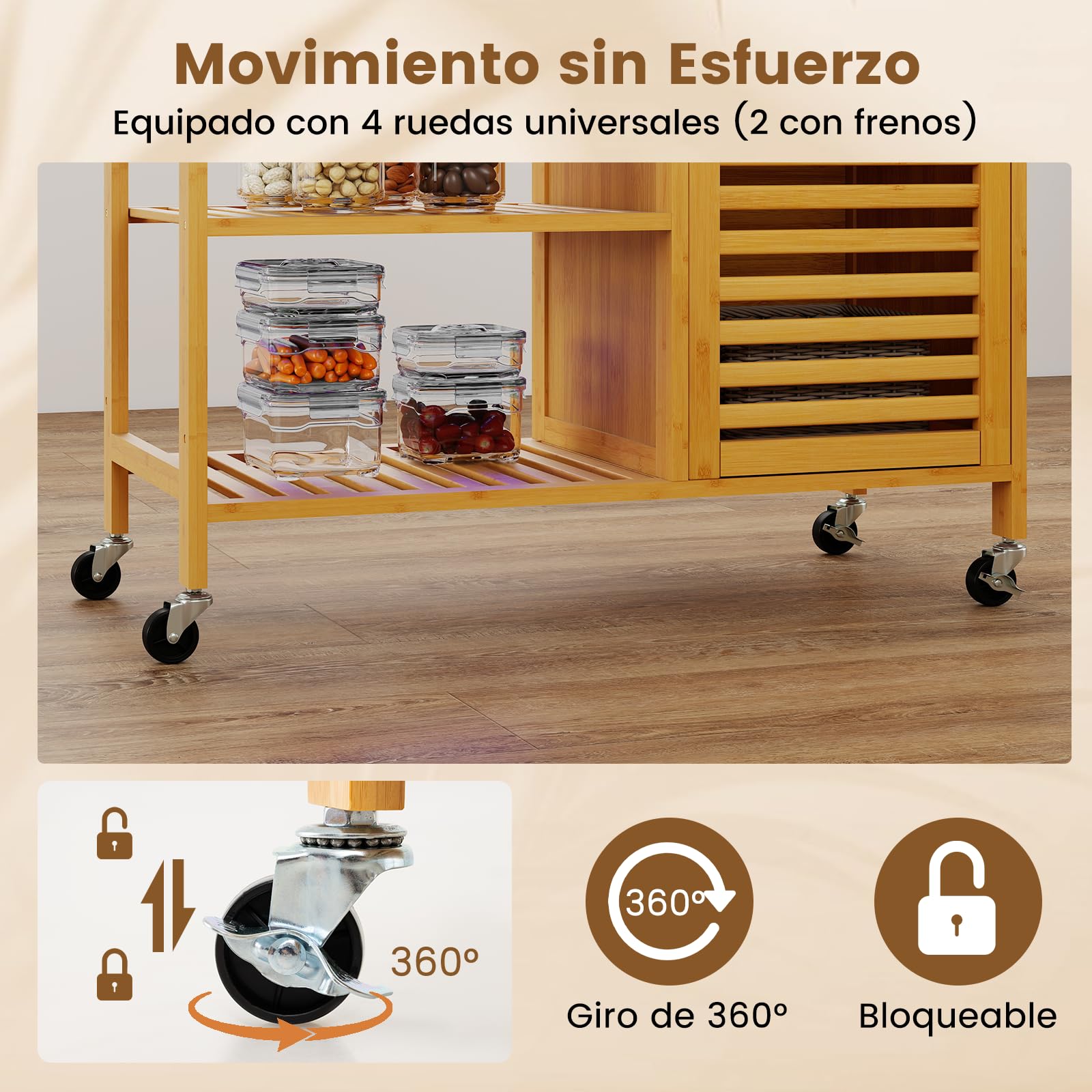 COSTWAY Carro de Cocina de Bambú, Carro de Servicio con Cajón y Puerta, Carro Rodante con 3 Estantes Abiertos y 4 Ruedas Universales, Mesa Móvil para Cocina y Comedor, 91 x 44 x 89 cm