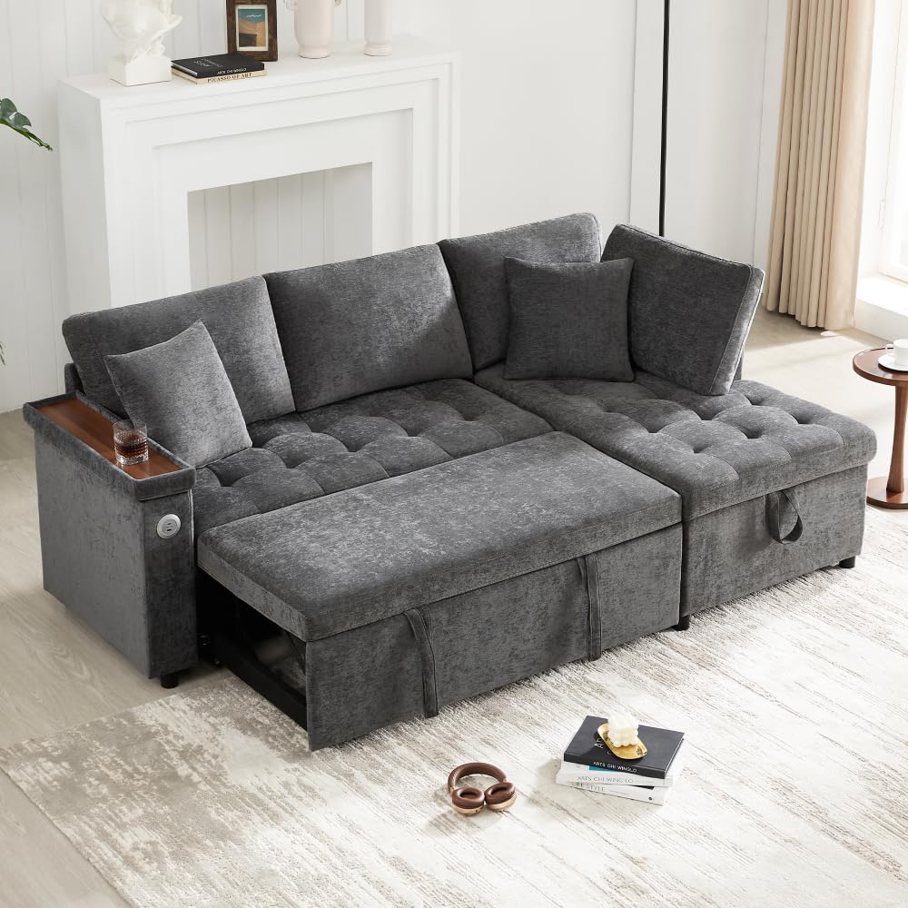 Sapgaks Sofá de esquina convertible en L con USB, sofá cama con función de almacenamiento, sofá convertible de 3 plazas, sofá de 3 plazas para salón de tela relajante, equipado con espacio de