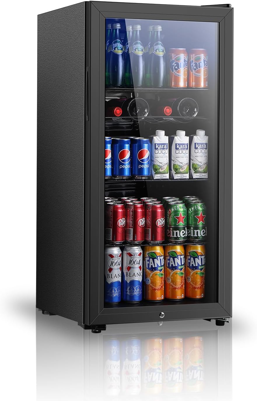Beverage Refrigerator, 4.5 Cu.ft Mini Fridge with Double Glass Door, Cooler for Soda, Beer or Wine for Home, Office or Bar with Adjustable Removable Shelves (Black)