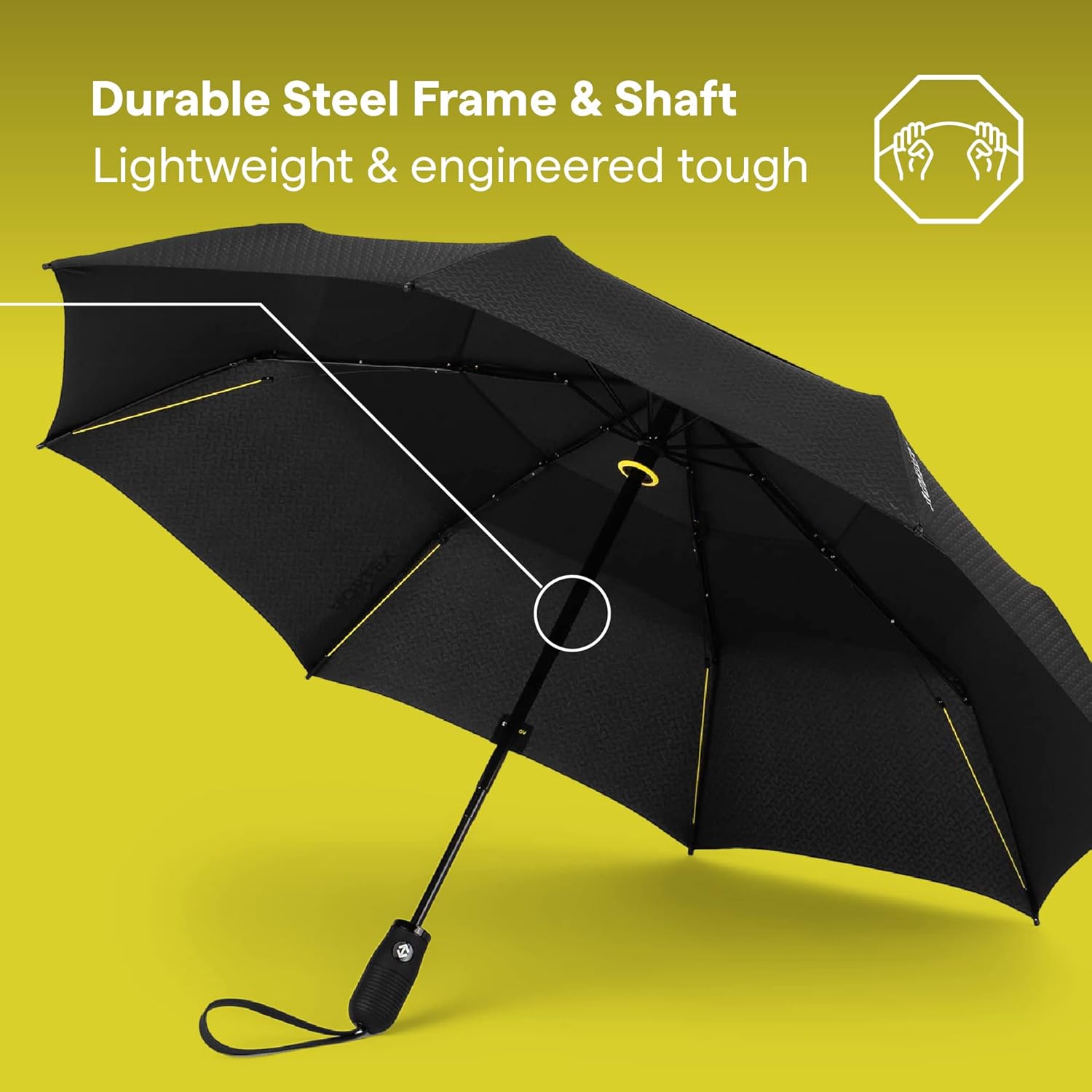 Close-up of the durable steel frame and shaft of the ShedRain Vortex V2 umbrella